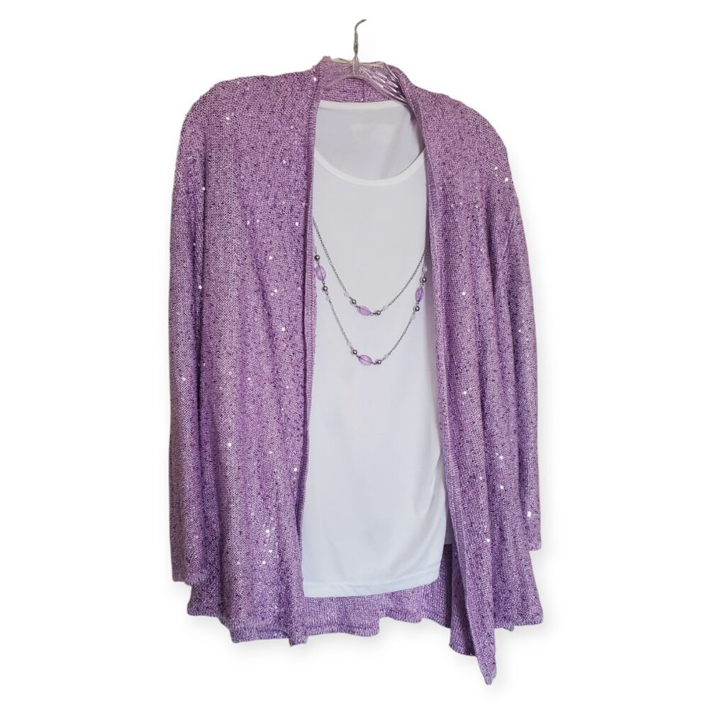 Alfred Dunner Lilac Sequin Cardigan and Tank with Matching Necklace Size L EUC